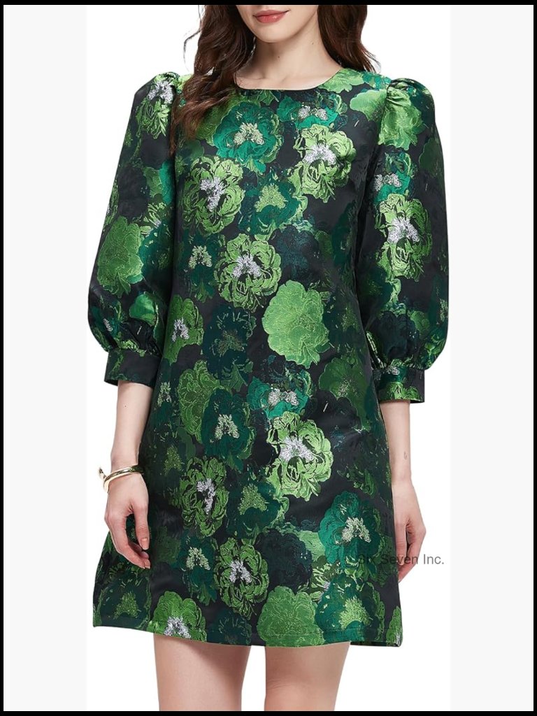Jacquard Mini Dress With Puff Sleeves Shift Style Formal Business